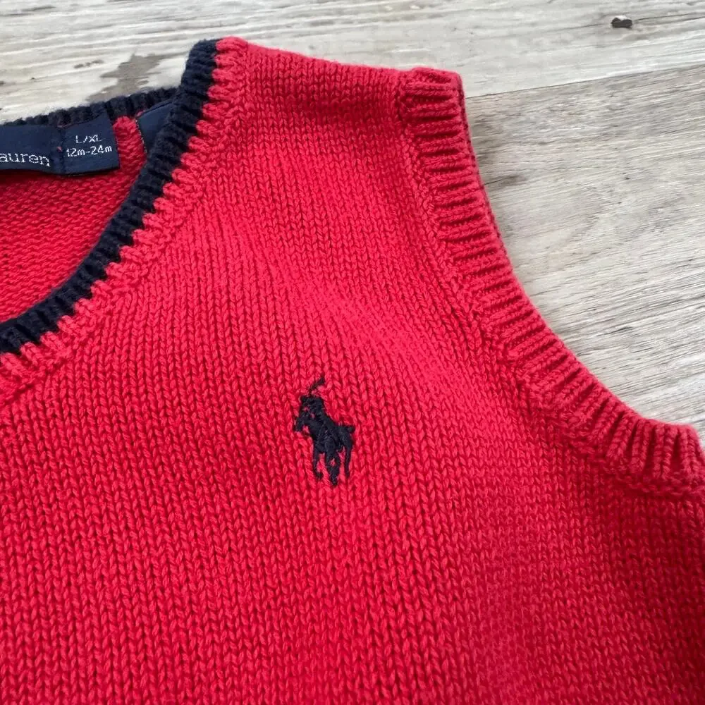 Vintage Polo Ralph Lauren Sweater Vest Red Cotton V Neck Preppy 90s